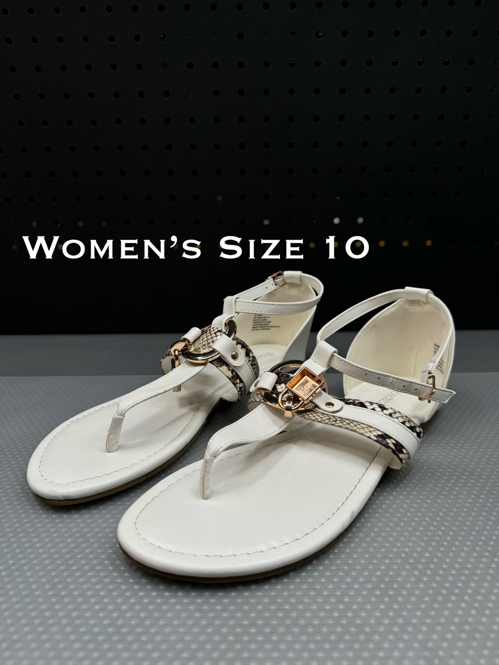 Women’s White T-Strap Sandals with Gold Accent